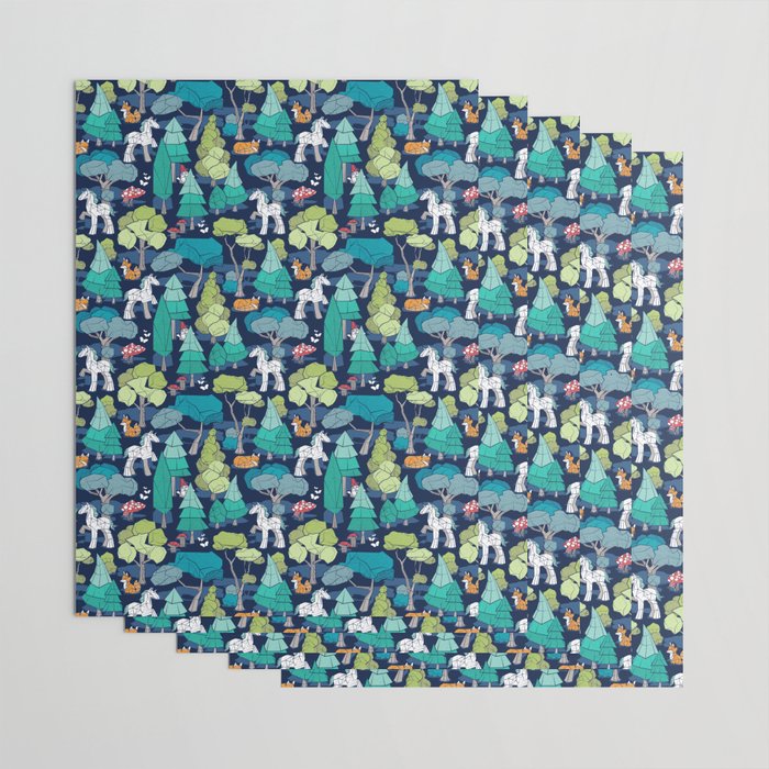 Geometric whimsical wonderland // navy blue background green forest with unicorns foxes gnomes and mushrooms Wrapping Paper Gallery Image 3