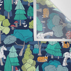 Geometric whimsical wonderland // navy blue background green forest with unicorns foxes gnomes and mushrooms Wall Tapestry Gallery Image 3