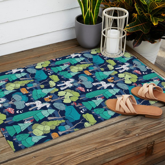 Geometric whimsical wonderland // navy blue background green forest with unicorns foxes gnomes and mushrooms Outdoor Rug Gallery Image 2