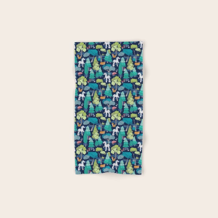 Geometric whimsical wonderland // navy blue background green forest with unicorns foxes gnomes and mushrooms Bath Towel Gallery Image 1