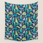 Geometric whimsical wonderland // navy blue background green forest with unicorns foxes gnomes and mushrooms Wall Tapestry Gallery Image 4