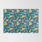 Geometric whimsical wonderland // navy blue background green forest with unicorns foxes gnomes and mushrooms Rug Gallery Image 2
