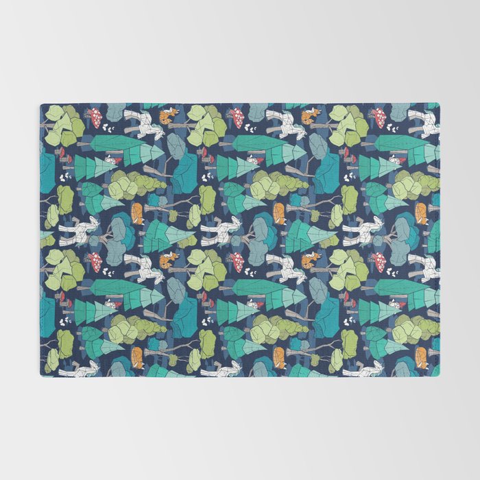 Geometric whimsical wonderland // navy blue background green forest with unicorns foxes gnomes and mushrooms Rug Gallery Image 2