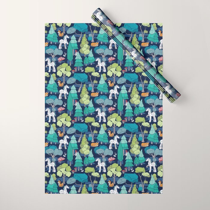 Geometric whimsical wonderland // navy blue background green forest with unicorns foxes gnomes and mushrooms Wrapping Paper Gallery Image 1