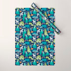 Geometric whimsical wonderland // navy blue background green forest with unicorns foxes gnomes and mushrooms Wrapping Paper Gallery Image 1
