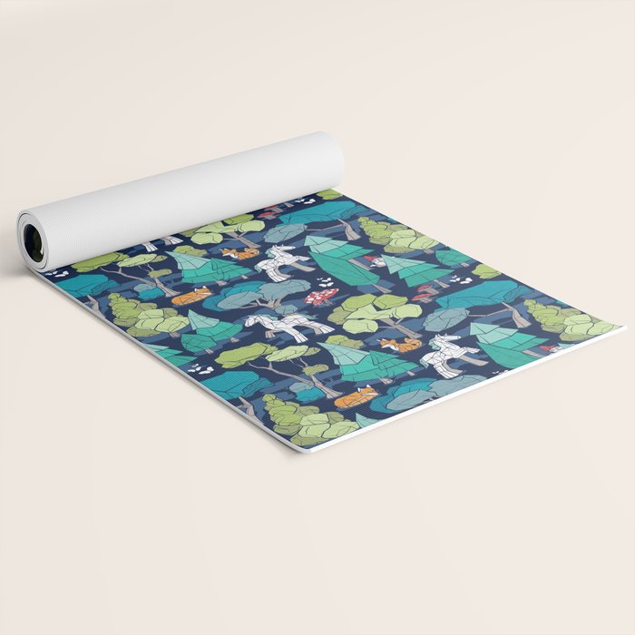 Geometric whimsical wonderland // navy blue background green forest with unicorns foxes gnomes and mushrooms Yoga Mat Gallery Image 2