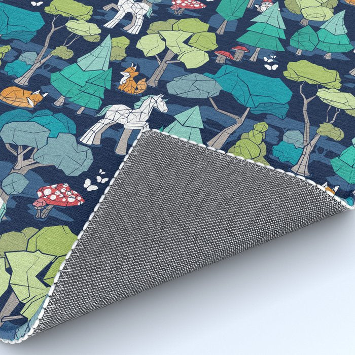 Geometric whimsical wonderland // navy blue background green forest with unicorns foxes gnomes and mushrooms Rug Gallery Image 4