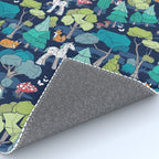 Geometric whimsical wonderland // navy blue background green forest with unicorns foxes gnomes and mushrooms Rug Gallery Image 4