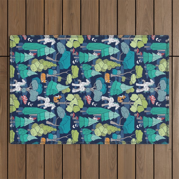 Geometric whimsical wonderland // navy blue background green forest with unicorns foxes gnomes and mushrooms Outdoor Rug Gallery Image 1