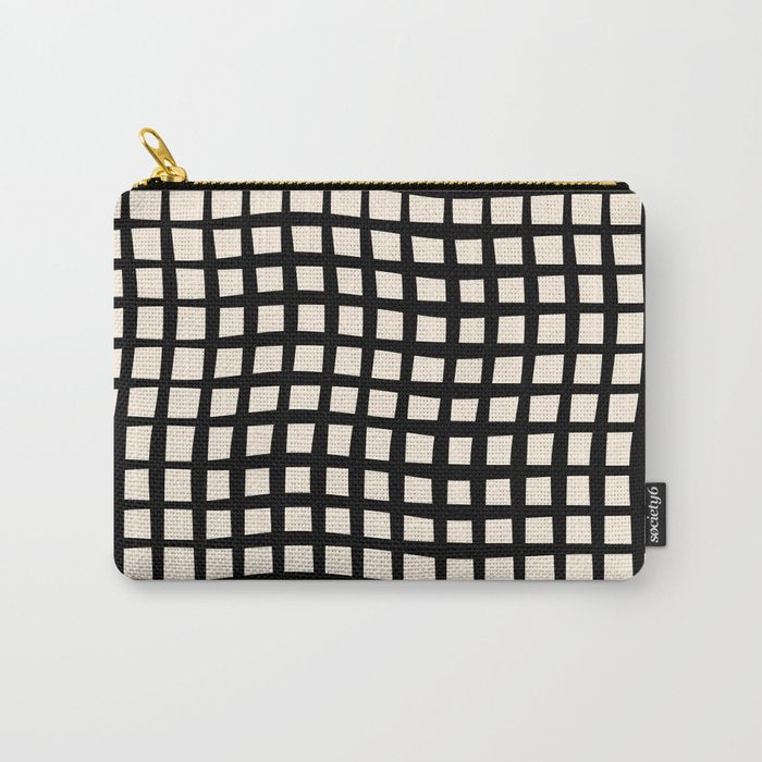 Warped Modern Minimalist Grid in Black and Almond Cream Carry All Pouch Gallery Image 1