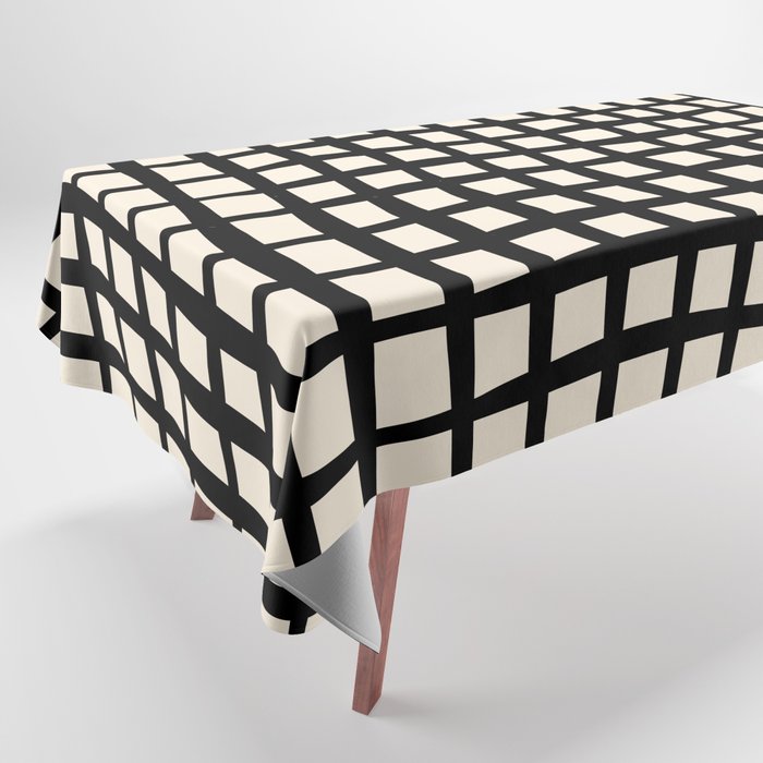 Warped Modern Minimalist Grid in Black and Almond Cream Tablecloth Gallery Image 1