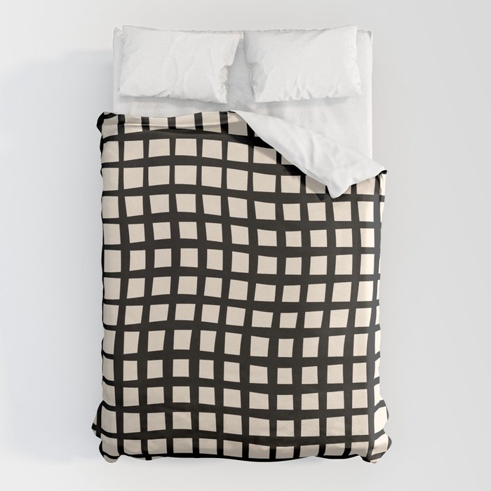 Warped Modern Minimalist Grid in Black and Almond Cream Duvet Cover Gallery Image 6