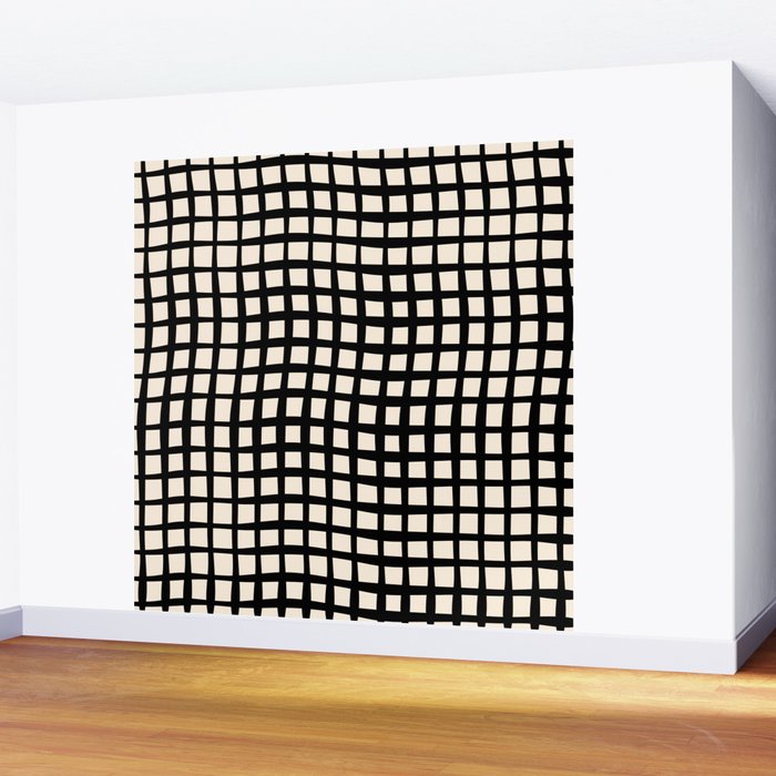 Warped Modern Minimalist Grid in Black and Almond Cream Wall Mural Gallery Image 2