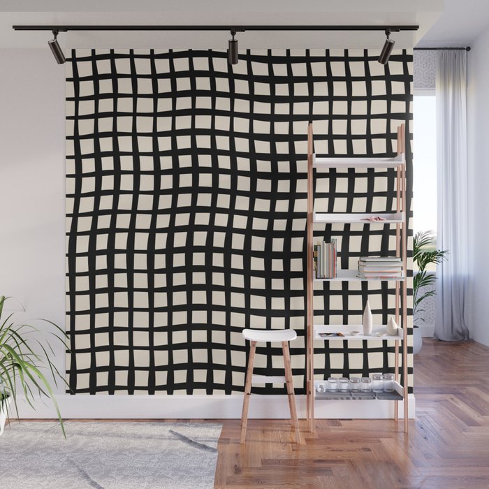 Warped Modern Minimalist Grid in Black and Almond Cream Wall Mural Gallery Image 1