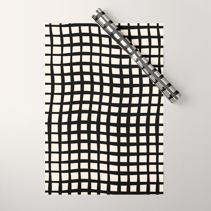Warped Modern Minimalist Grid in Black and Almond Cream Wrapping Paper Gallery Image 1