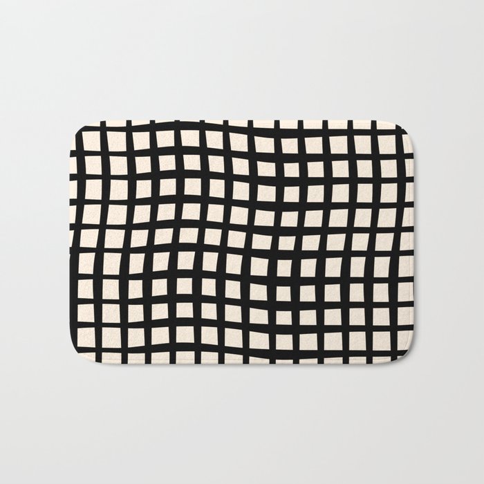 Warped Modern Minimalist Grid in Black and Almond Cream Bath Mat Gallery Image 1