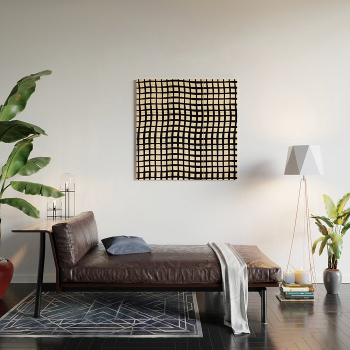 Warped Modern Minimalist Grid in Black and Almond Cream Wood Wall Art Gallery Image 2