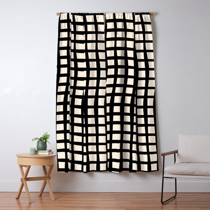 Warped Modern Minimalist Grid in Black and Almond Cream Window Curtain Gallery Image 5