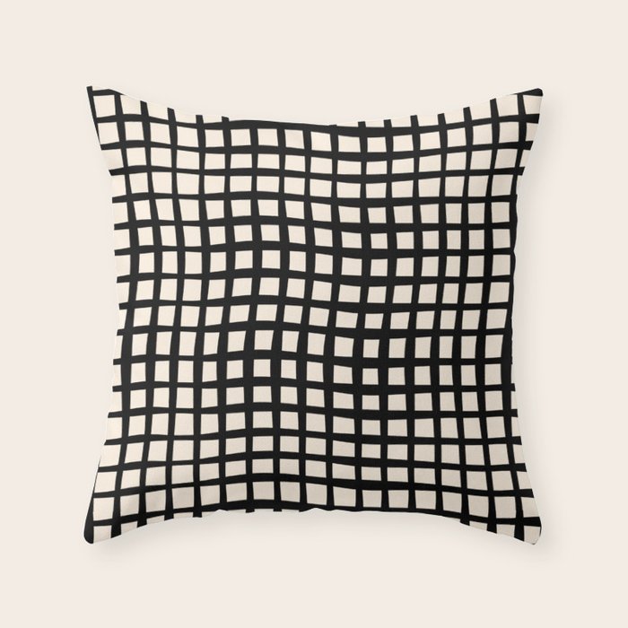 Warped Modern Minimalist Grid in Black and Almond Cream Throw Pillow Gallery Image 1