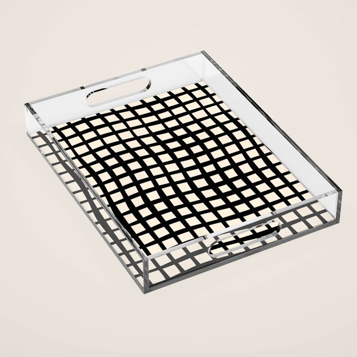 Warped Modern Minimalist Grid in Black and Almond Cream Acrylic Tray Gallery Image 1