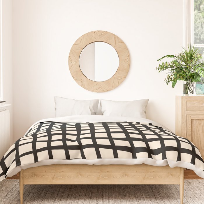 Warped Modern Minimalist Grid in Black and Almond Cream Duvet Cover Gallery Image 3