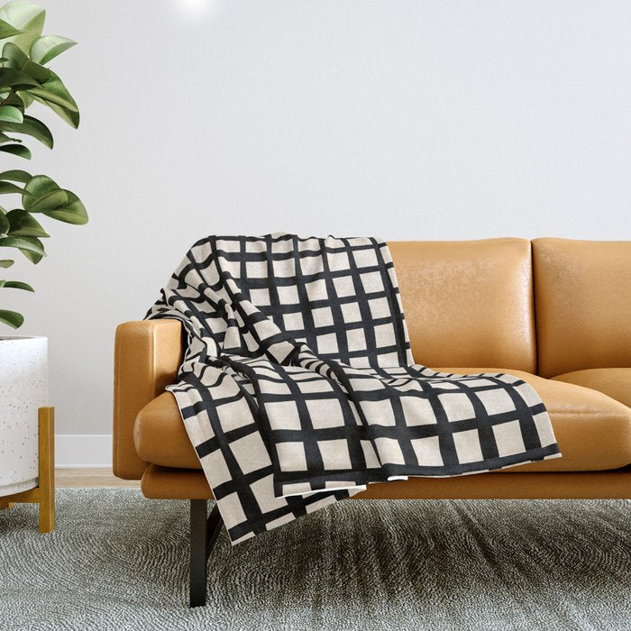 Warped Modern Minimalist Grid in Black and Almond Cream Throw Blanket Gallery Image 1