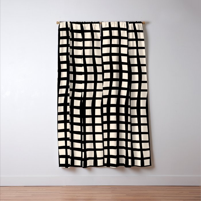 Warped Modern Minimalist Grid in Black and Almond Cream Window Curtain Gallery Image 3