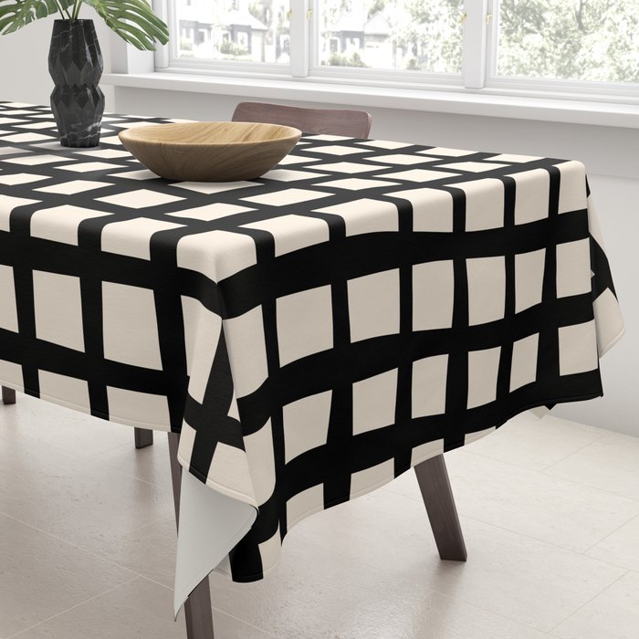 Warped Modern Minimalist Grid in Black and Almond Cream Tablecloth Gallery Image 3