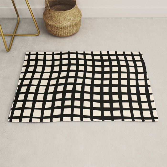 Warped Modern Minimalist Grid in Black and Almond Cream Rug Gallery Image 1