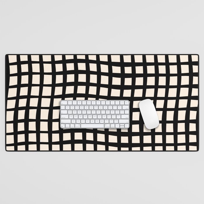 Warped Modern Minimalist Grid in Black and Almond Cream Desk Mat Gallery Image 1