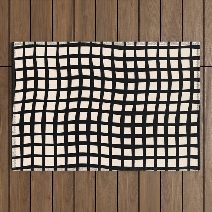 Warped Modern Minimalist Grid in Black and Almond Cream Outdoor Rug Gallery Image 1