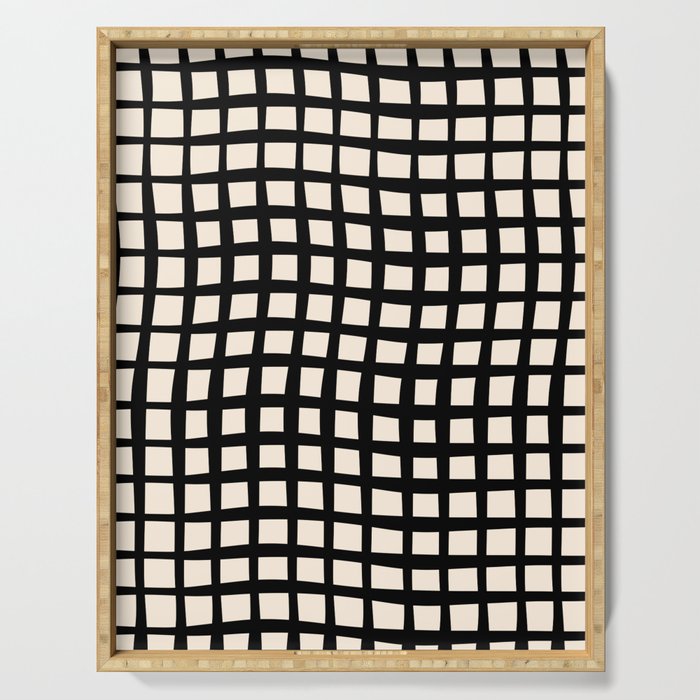 Warped Modern Minimalist Grid in Black and Almond Cream Serving Tray Gallery Image 1