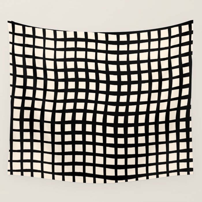 Warped Modern Minimalist Grid in Black and Almond Cream Wall Tapestry Gallery Image 1
