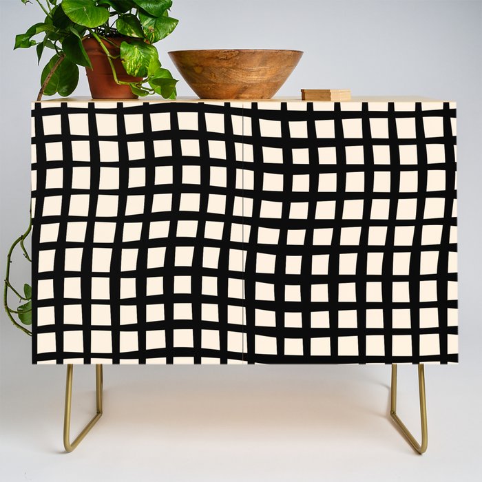 Warped Modern Minimalist Grid in Black and Almond Cream Credenza Gallery Image 1