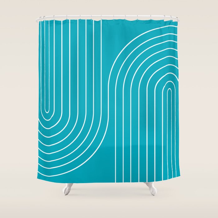Minimal Line Curvature XV Bright Aqua Mid Century Modern Arch Abstract Shower Curtain Gallery Image 1