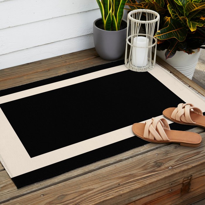 Simple Elegant Minimalist Frame Pattern 1 in Black and Almond Cream Outdoor Rug Gallery Image 2
