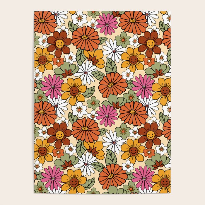 Retro 70s Boho Floral Pattern Poster Gallery Image 1