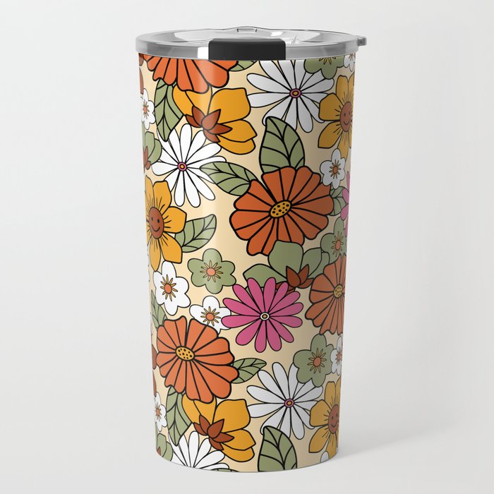 Retro 70s Boho Floral Pattern Travel Mug Gallery Image 1