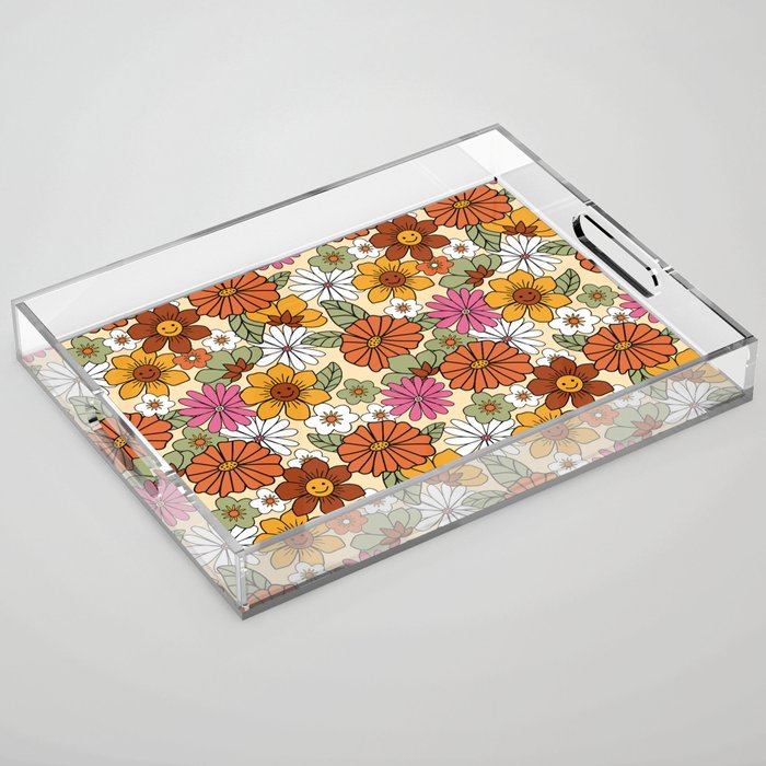 Retro 70s Boho Floral Pattern Acrylic Tray Gallery Image 1