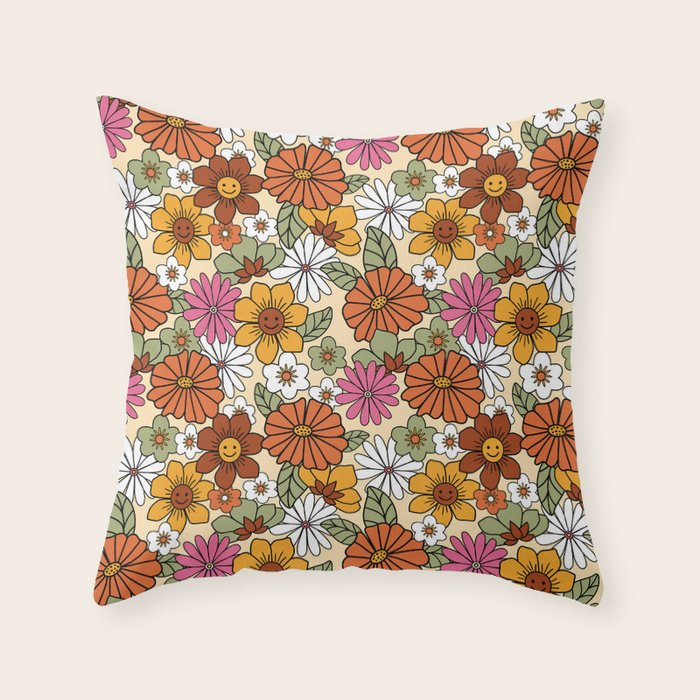 Retro 70s Boho Floral Pattern Throw Pillow Gallery Image 1