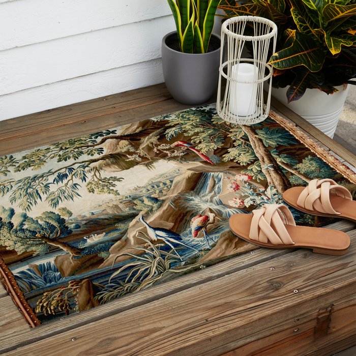 Antique French Verdure Magical Forest Landscape Tapestry Outdoor Rug Gallery Image 2