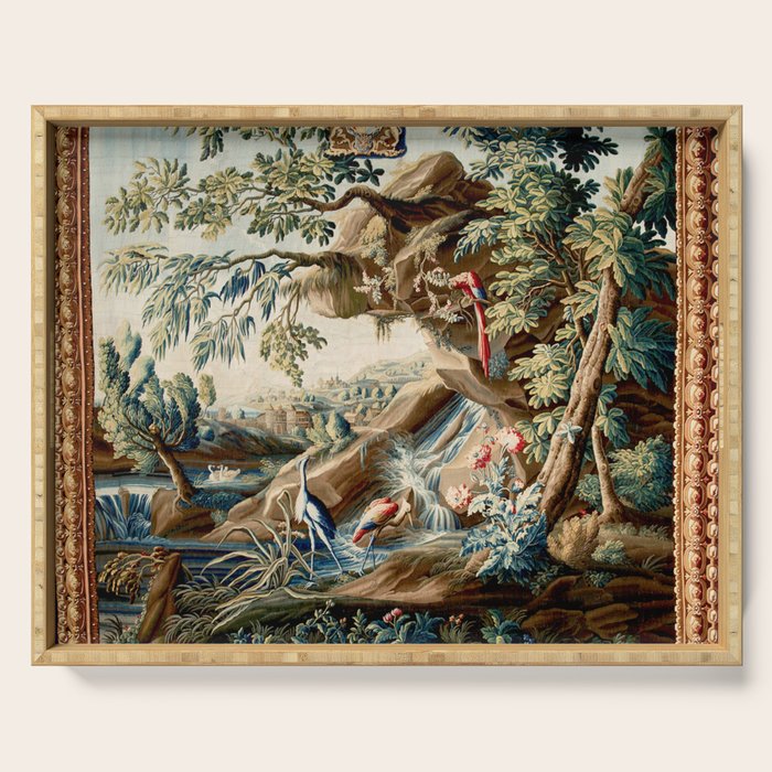 Antique French Verdure Magical Forest Landscape Tapestry Serving Tray Gallery Image 1