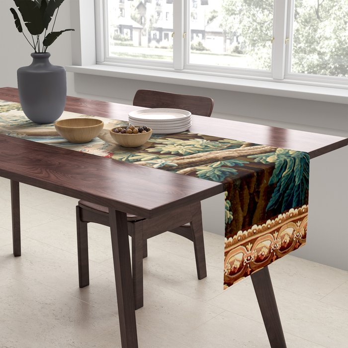 Antique French Verdure Magical Forest Landscape Tapestry Table Runner Gallery Image 2