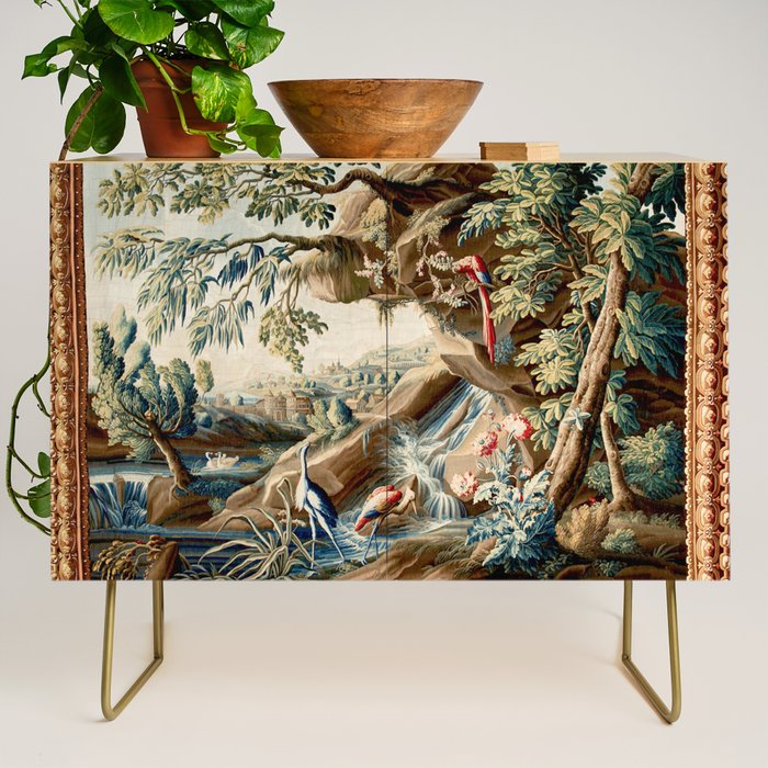 Antique French Verdure Magical Forest Landscape Tapestry Credenza Gallery Image 1