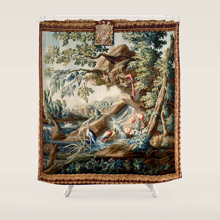 Antique French Verdure Magical Forest Landscape Tapestry Shower Curtain Gallery Image 1