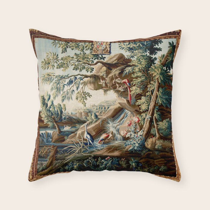 Antique French Verdure Magical Forest Landscape Tapestry Throw Pillow Gallery Image 6