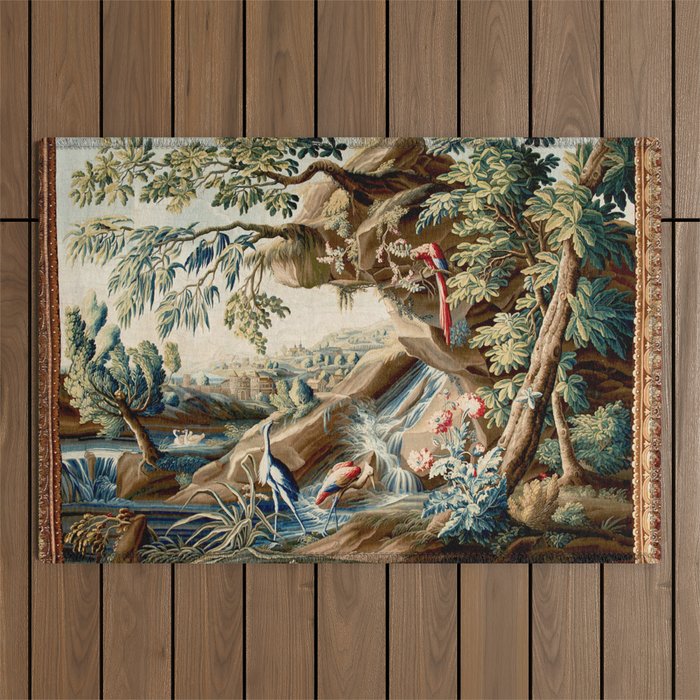 Antique French Verdure Magical Forest Landscape Tapestry Outdoor Rug Gallery Image 1