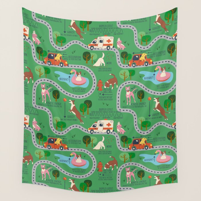 Fursics Cute Dog Park Physics Learning Pattern by Carrie Cantwell Educational STEM Playmat Design Wall Tapestry Gallery Image 4