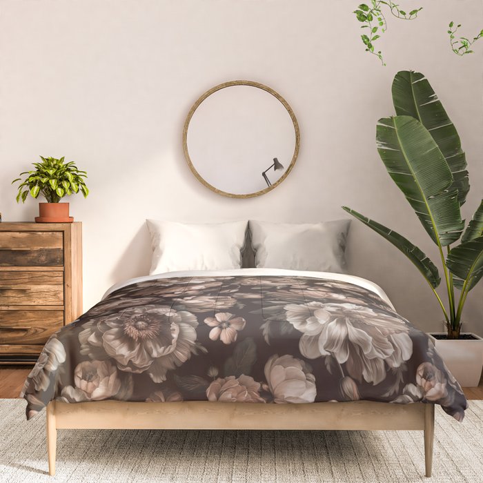 Opulent Floral Drama Moody Dark Brown Botanical Vibes Comforter Gallery Image 3