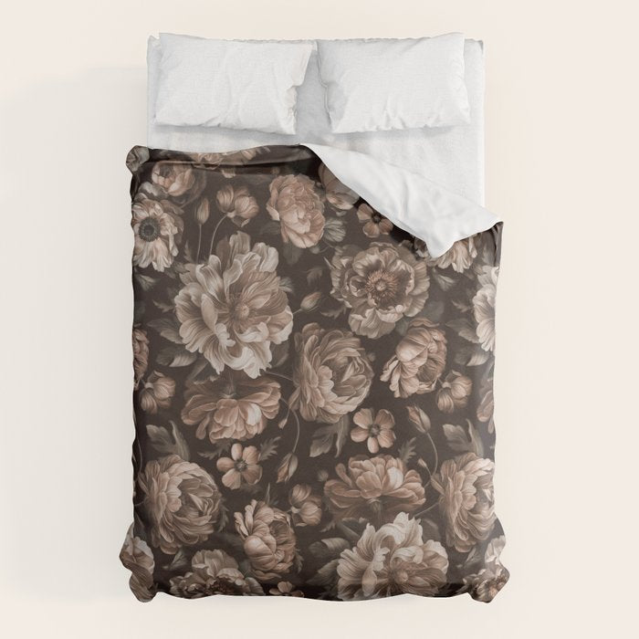 Opulent Floral Drama Moody Dark Brown Botanical Vibes Duvet Cover Gallery Image 6